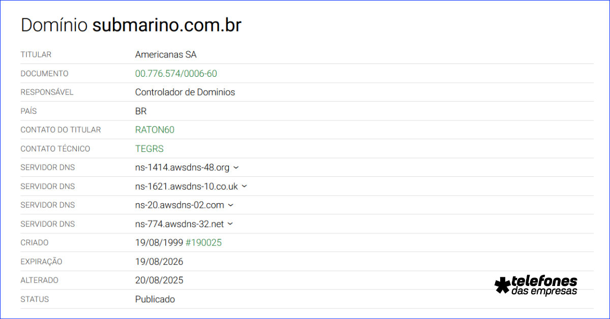 Registro do Domínio submarino.com.br - Americanas S.A.