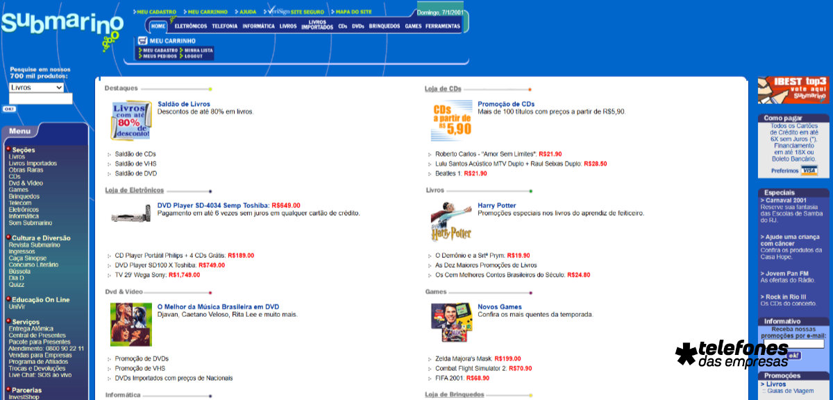 Site submarino.com.br em Janeiro de 2001